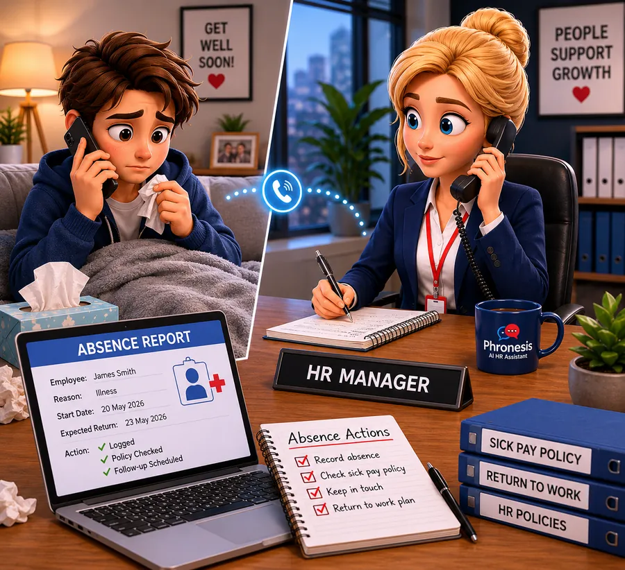 Illustration of an HR manager taking a sickness absence call and working through the absence actions