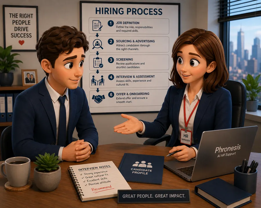Illustration of a manager and HR adviser talking through a hiring process